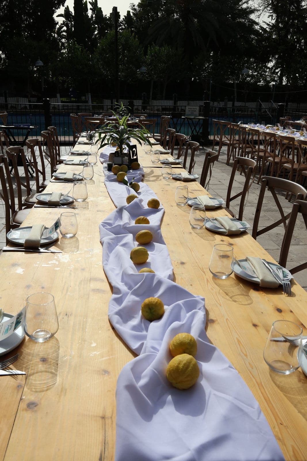 A long wooden dining table dressed with lilac fabric and lemons